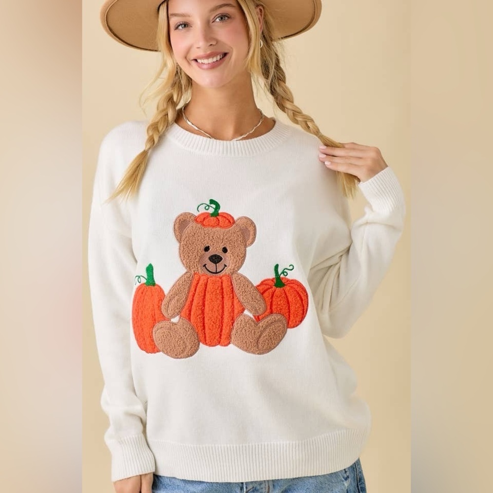 Textured Pumpkin Teddy Bear Embroidered Patchwork Sweater - Main Strip